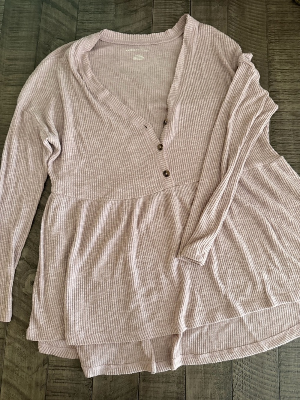 Long Sleeve Ribbed Peplum Henley Top - Light Mauve